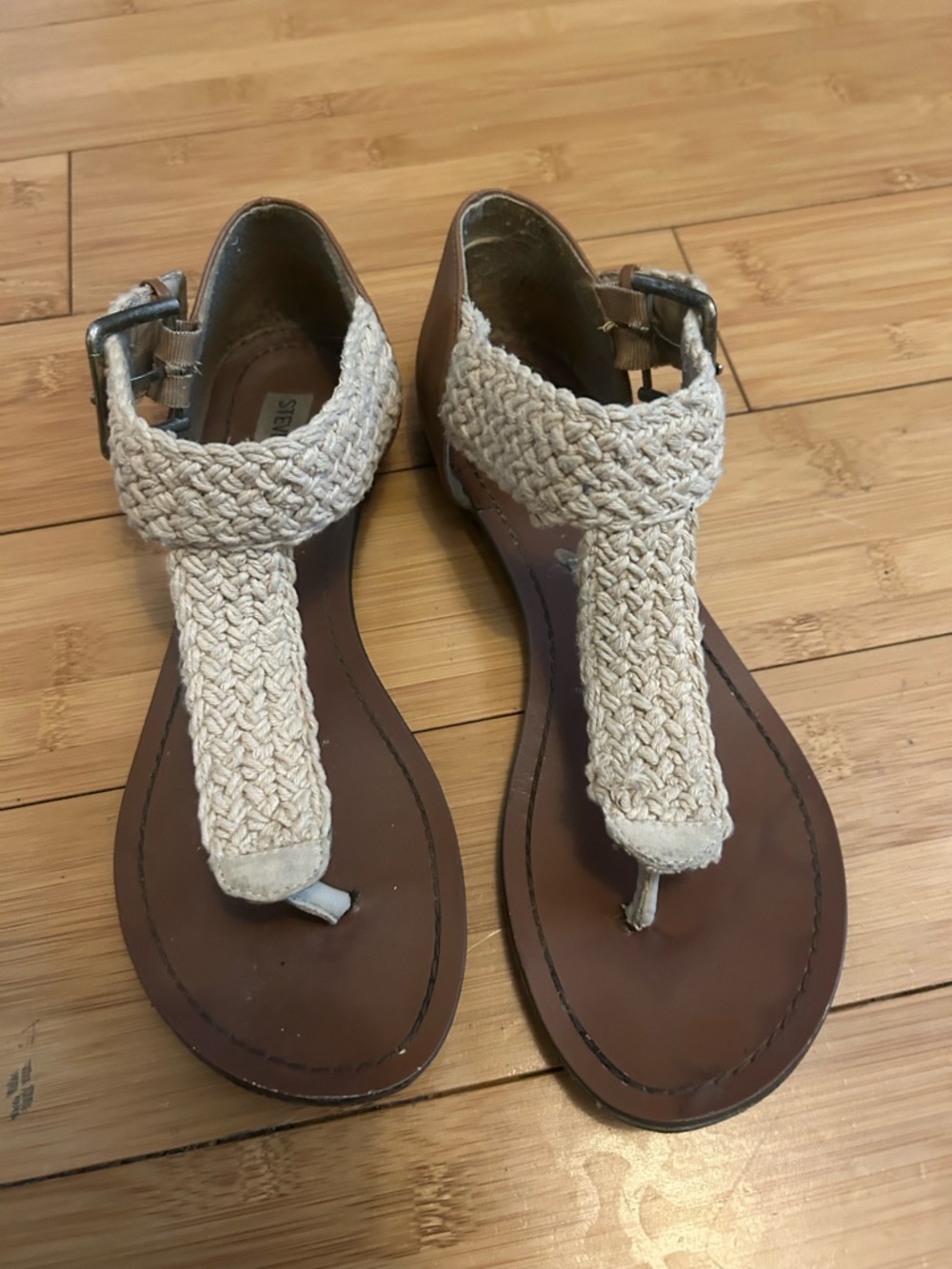 Steve Madden Braided T-Strap Sandals in Beige and Brown